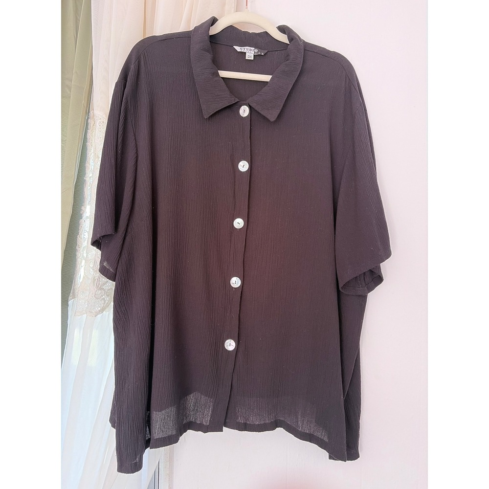 Studio Woman Button Up Top Womens 3X Black Crinkle Large Pearlescent Buttons